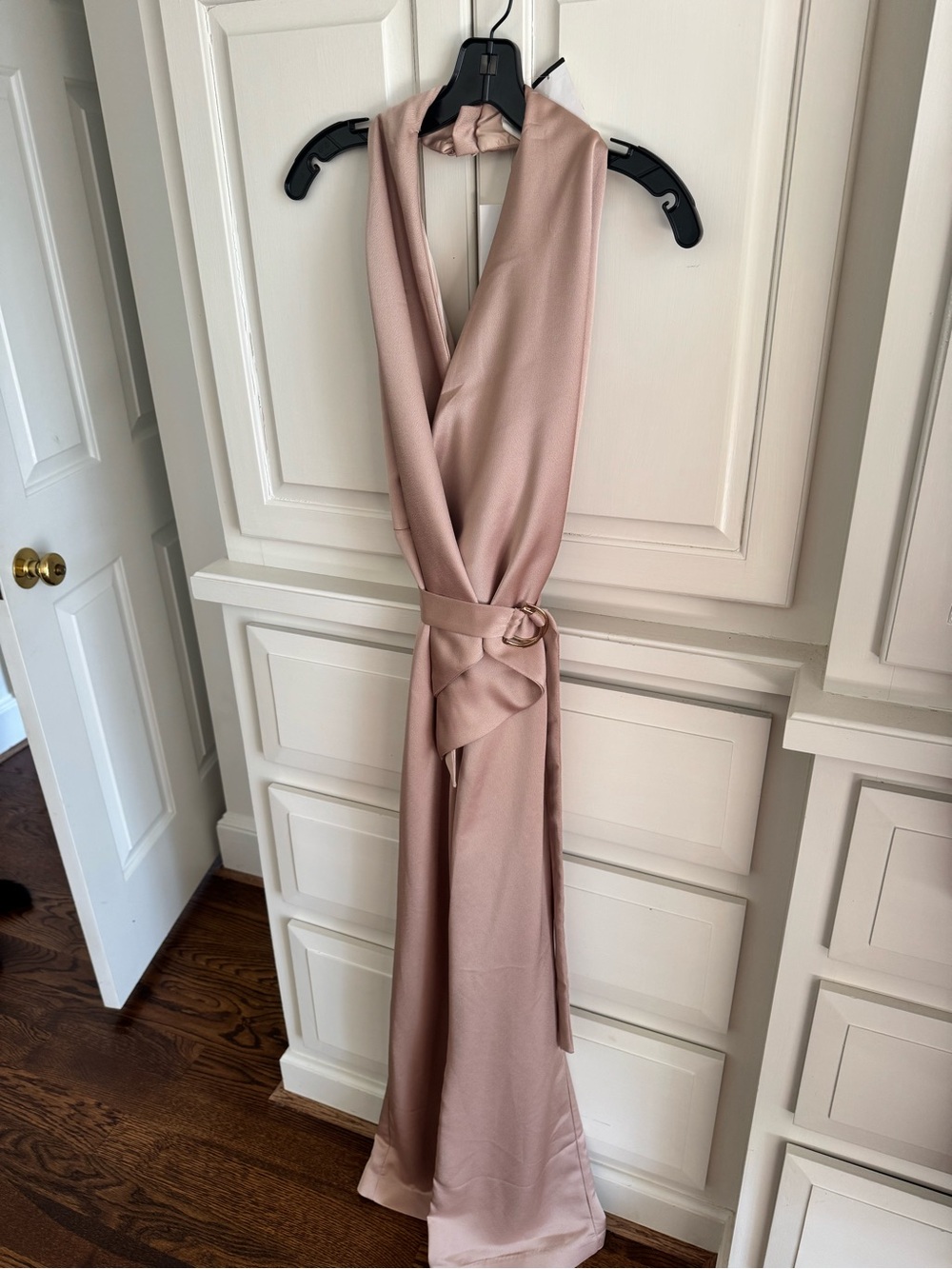 MISHA COLLECTION Satin Blush Pink Halter Jumpsuit with Waist Tie